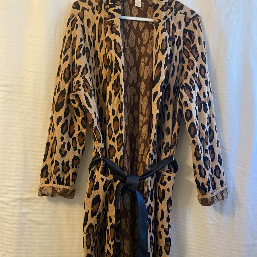 Chico's Leopard Print Cardigan with Brown Belt